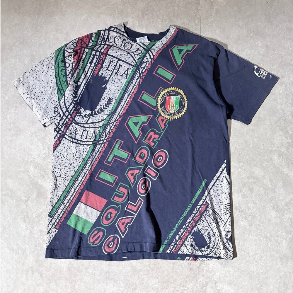 90s Vintage Italy Soccer AOP Black T Shirt -XL